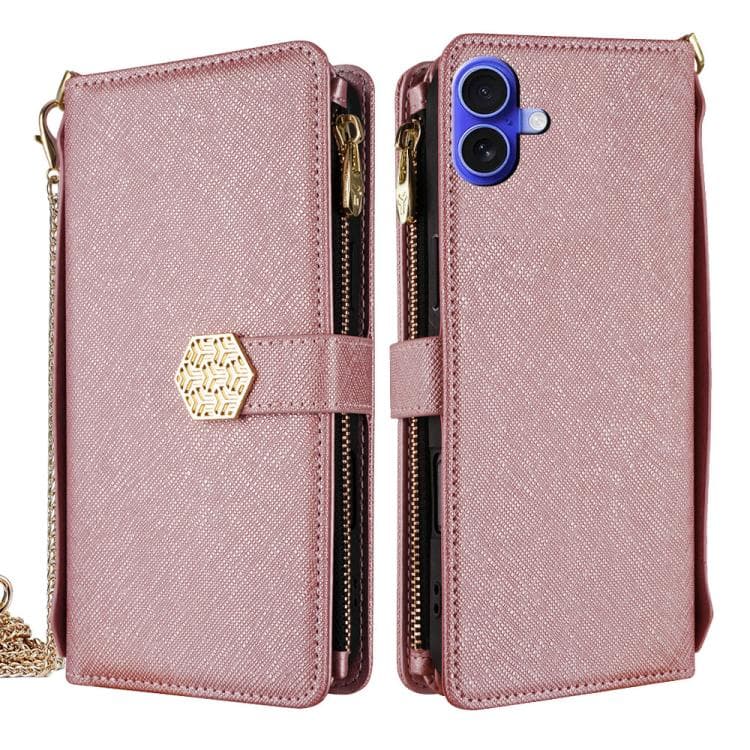 For iPhone 16 Crossbody Handle Cross Texture Leather Phone Case(Rose Gold) - Immagine 1
