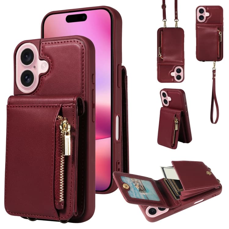 For iPhone 16 Crossbody Lanyard Zipper Wallet Leather Phone Case(Wine Red) - Immagine 1