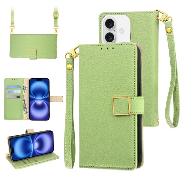 For iPhone 16 Crossbody Litchi Texture Square Buckle Leather Phone Case(Green) - Immagine 1