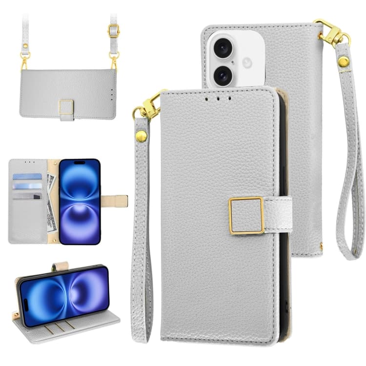 For iPhone 16 Crossbody Litchi Texture Square Buckle Leather Phone Case(Silver) - Immagine 1