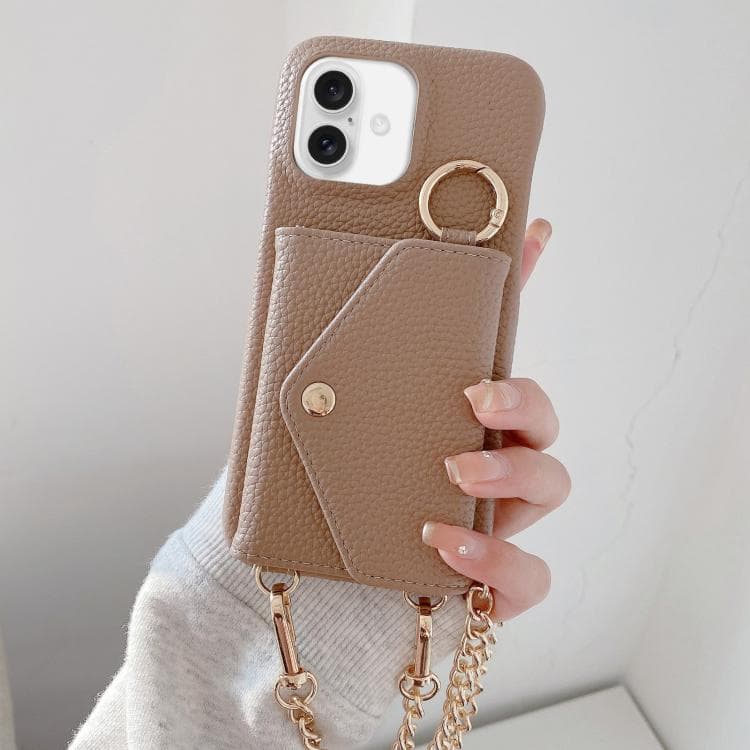 For iPhone 16 Crossbody Mirror Wallet Litchi Vegan Leather Back Phone Case(Light Brown) - Immagine 1