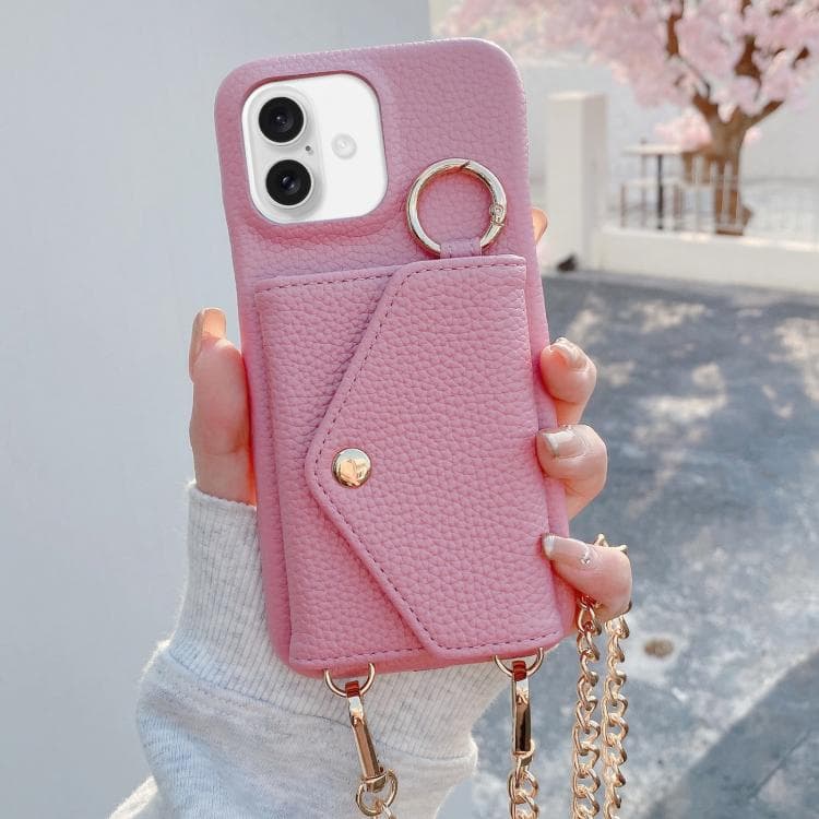 For iPhone 16 Crossbody Mirror Wallet Litchi Vegan Leather Back Phone Case(Pink) - Immagine 1