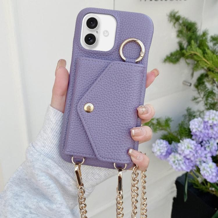 For iPhone 16 Crossbody Mirror Wallet Litchi Vegan Leather Back Phone Case(Purple) - Immagine 1