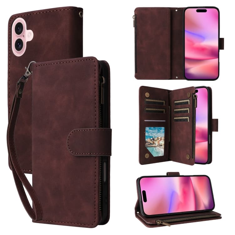 For iPhone 16 Crossbody Multi-card Slot Wallet Zipper Leather Phone Case(Coffee) - Immagine 1