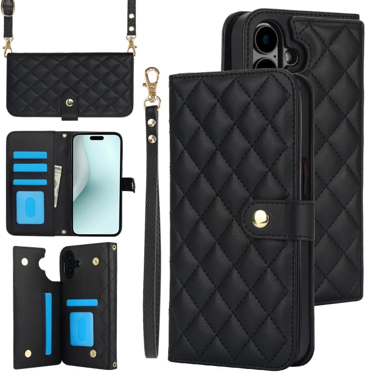 For iPhone 16 Crossbody Multifunction Rhombic Leather Phone Case(Black) - Immagine 1