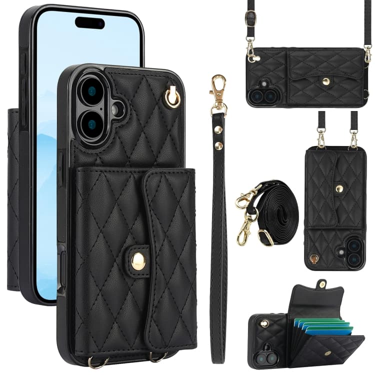 For iPhone 16 Crossbody Rhombic Horizontal Wallet Leather Phone Case(Black) - Immagine 1