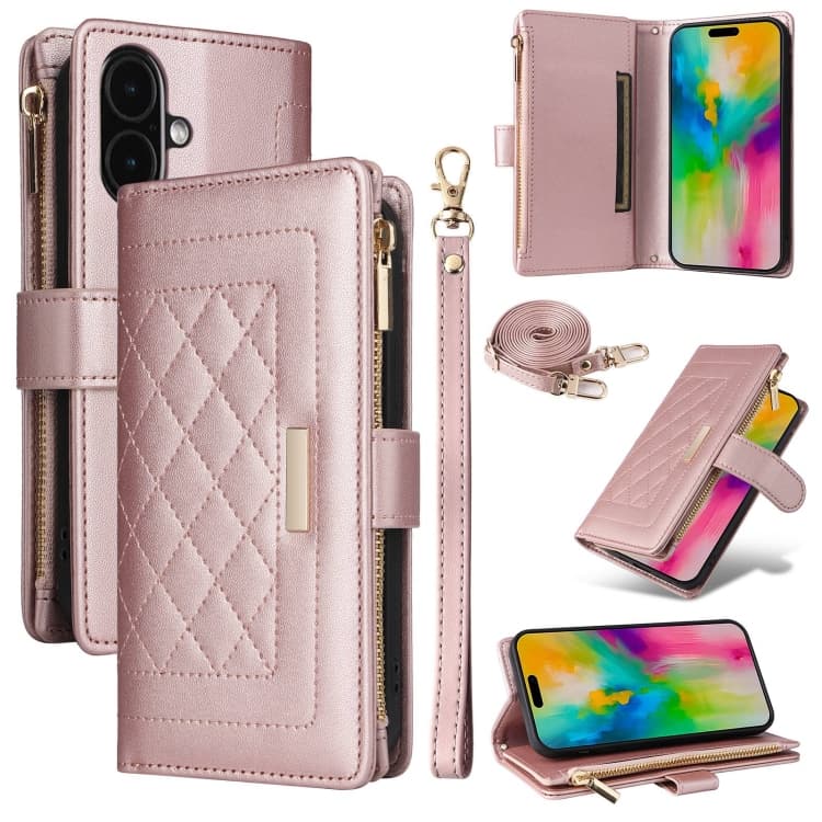 For iPhone 16 Crossbody Zipper Wallet Rhombus Leather Phone Case(Rose Gold) - Immagine 1