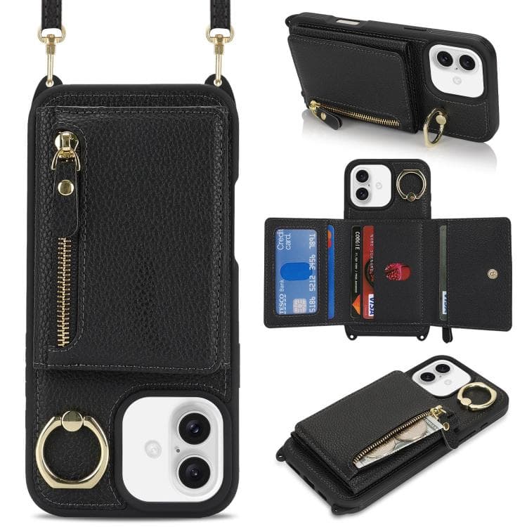 For iPhone 16 Crossbody Zipper Wallet Ring Holder Litchi Leather Phone Case(Black) - Immagine 1