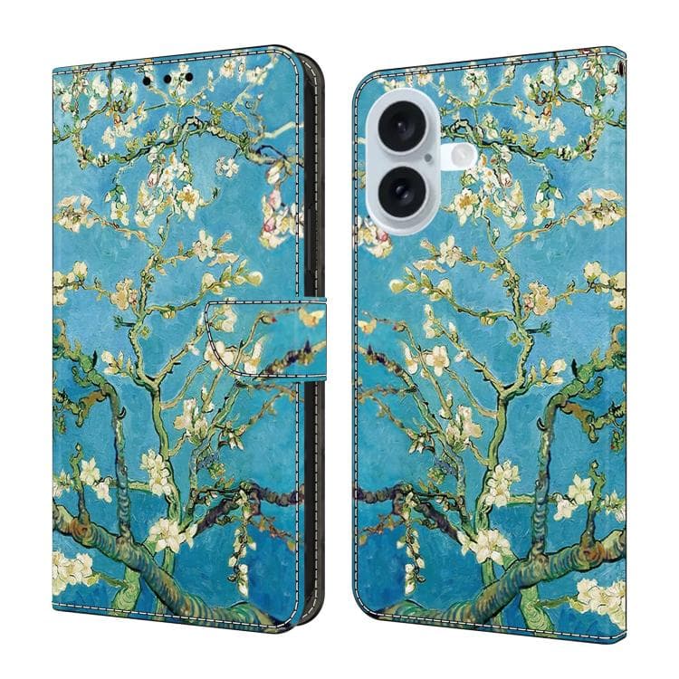 For iPhone 16 Crystal-Like Painted Vegan Leather Phone Case(Apricot Blossoms) - Immagine 1