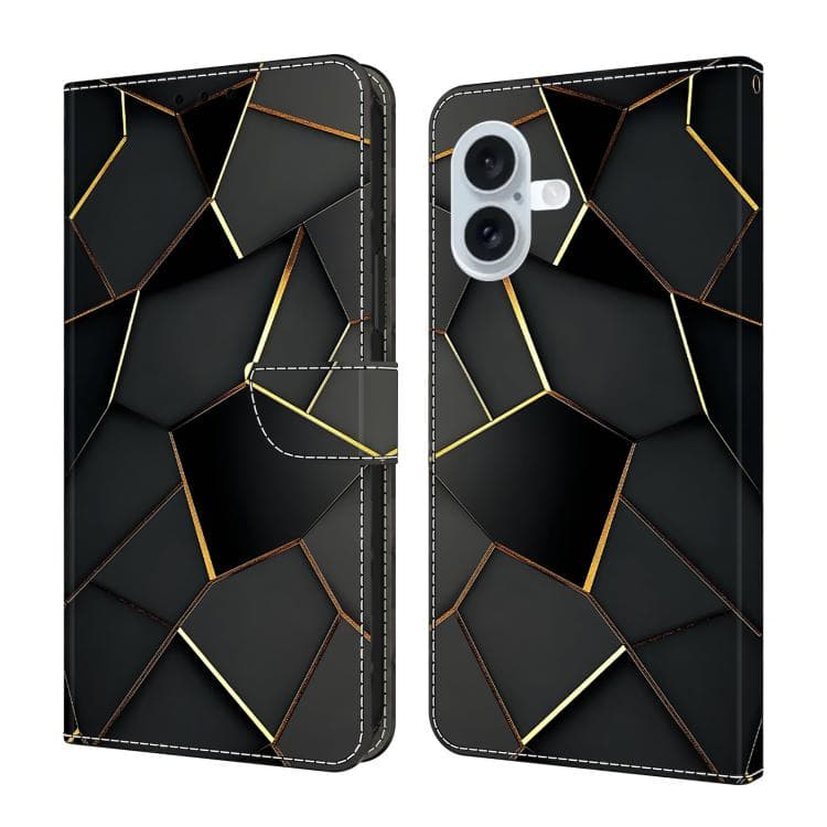 For iPhone 16 Crystal-Like Painted Vegan Leather Phone Case(Black Gold Geometric) - Immagine 1