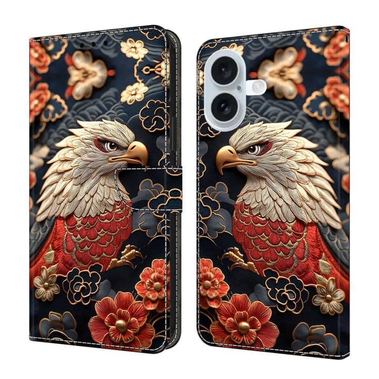 For iPhone 16 Crystal-Like Painted Vegan Leather Phone Case(Eagle and Flowers) - Immagine 1