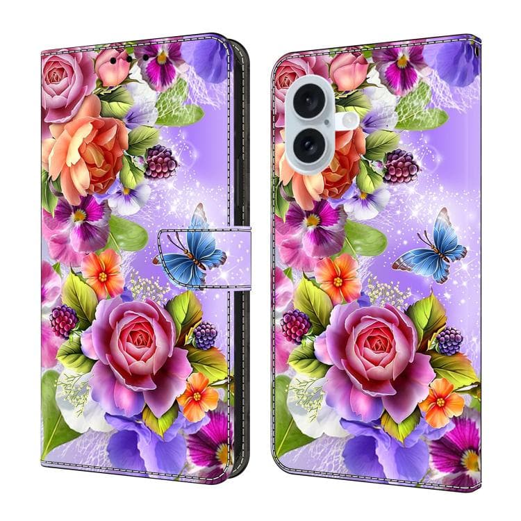 For iPhone 16 Crystal-Like Painted Vegan Leather Phone Case(Fresh Flowers) - Immagine 1