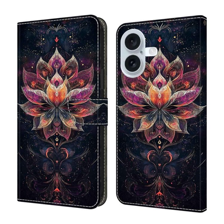 For iPhone 16 Crystal-Like Painted Vegan Leather Phone Case(Golden Lotus Flower) - Immagine 1