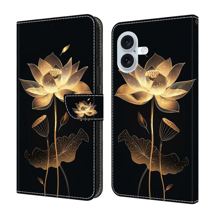 For iPhone 16 Crystal-Like Painted Vegan Leather Phone Case(Golden Thread Lotus) - Immagine 1
