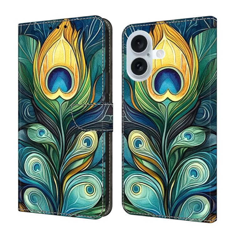 For iPhone 16 Crystal-Like Painted Vegan Leather Phone Case(Kingfisher Feathers) - Immagine 1