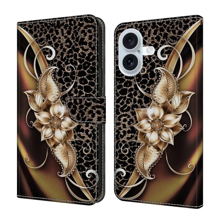 For iPhone 16 Crystal-Like Painted Vegan Leather Phone Case(Metal Flower) - Immagine 1