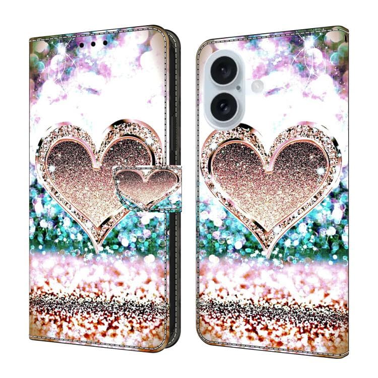 For iPhone 16 Crystal-Like Painted Vegan Leather Phone Case(Pink Diamond Heart Peach) - Immagine 1