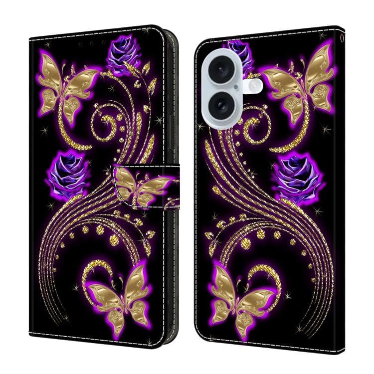 For iPhone 16 Crystal-Like Painted Vegan Leather Phone Case(Purple Flower Butterfly) - Immagine 1