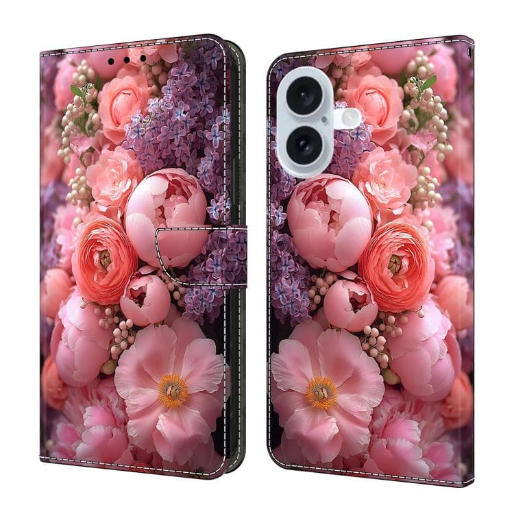 For iPhone 16 Crystal-Like Painted Vegan Leather Phone Case(Ranunculus) - Immagine 1