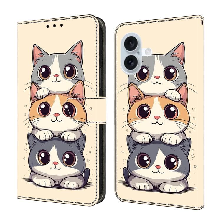 For iPhone 16 Crystal-Like Painted Vegan Leather Phone Case(Stacking Cats) - Immagine 1