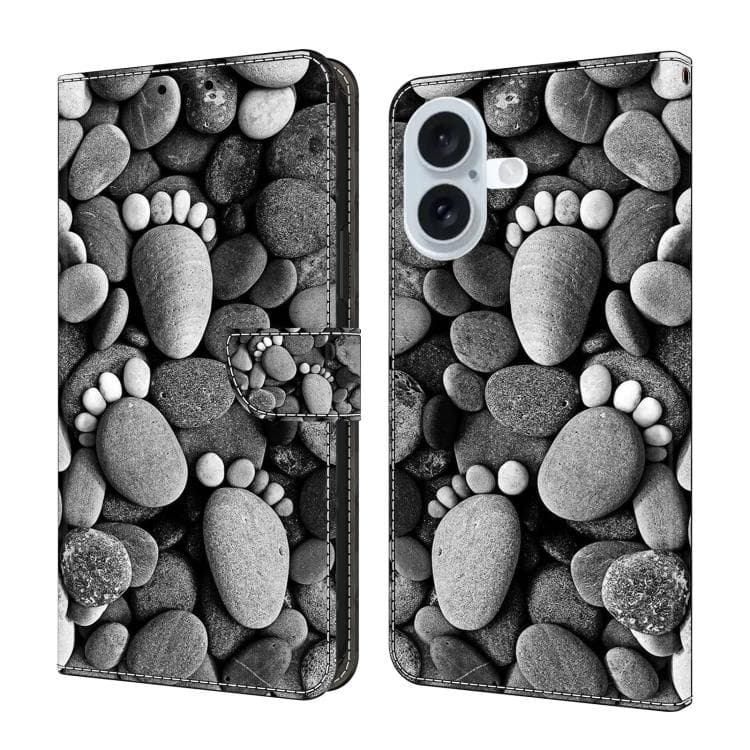 For iPhone 16 Crystal-Like Painted Vegan Leather Phone Case(Stone Footprints) - Immagine 1