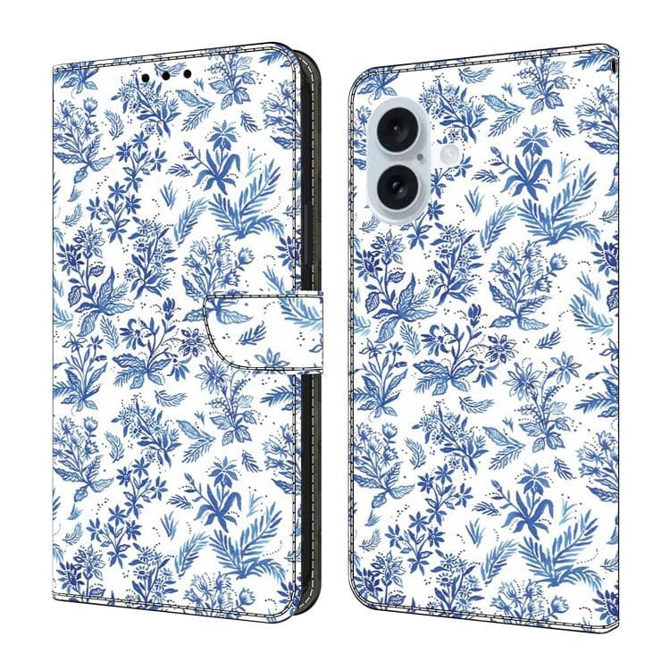 For iPhone 16 Crystal-Like Painted Vegan Leather Phone Case(Watercolor Flowers Plants) - Immagine 1