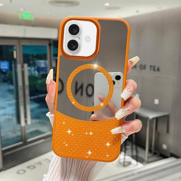 For iPhone 16 Crystal Mirror Surface Rhinestone Magnetic Phone Case(Orange) - Immagine 1