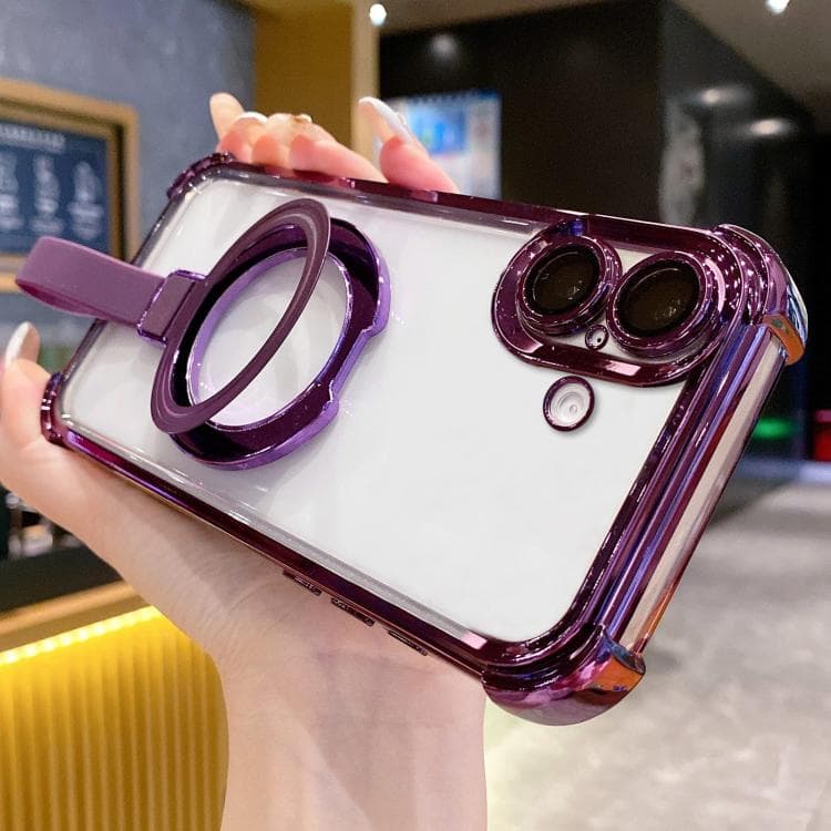 For iPhone 16 Crystal Shield Ring Holde TPU + Acrylic Magnetic Phone Case(Purple) - Immagine 1