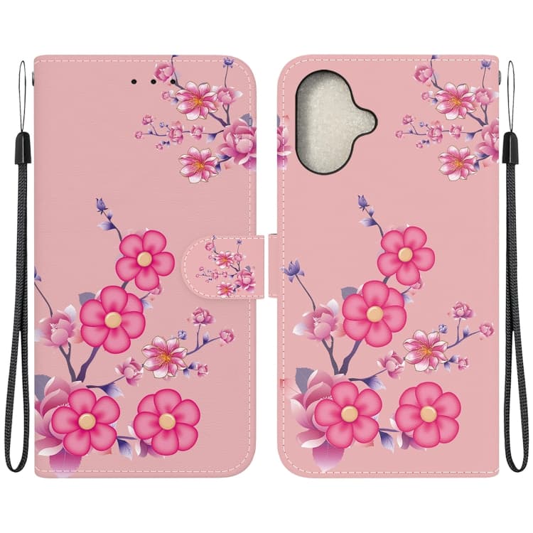 For iPhone 16 Crystal Texture Colored Drawing Leather Phone Case(Cherry Blossoms) - Immagine 1