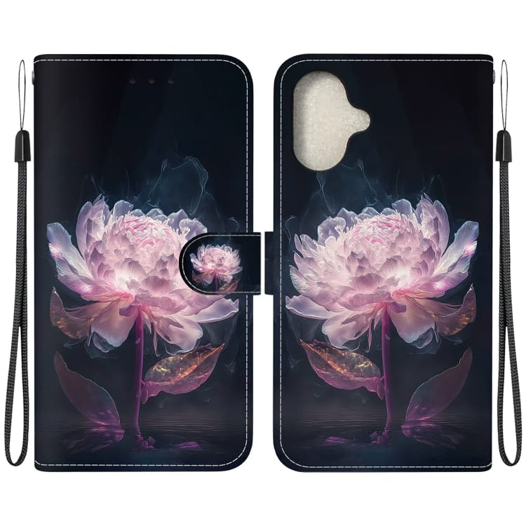 For iPhone 16 Crystal Texture Colored Drawing Leather Phone Case(Purple Peony) - Immagine 1