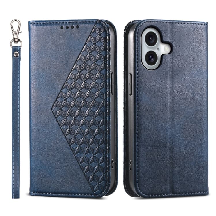 For iPhone 16 Cubic Grid Calf Texture Magnetic Leather Phone Case(Blue) - Immagine 1