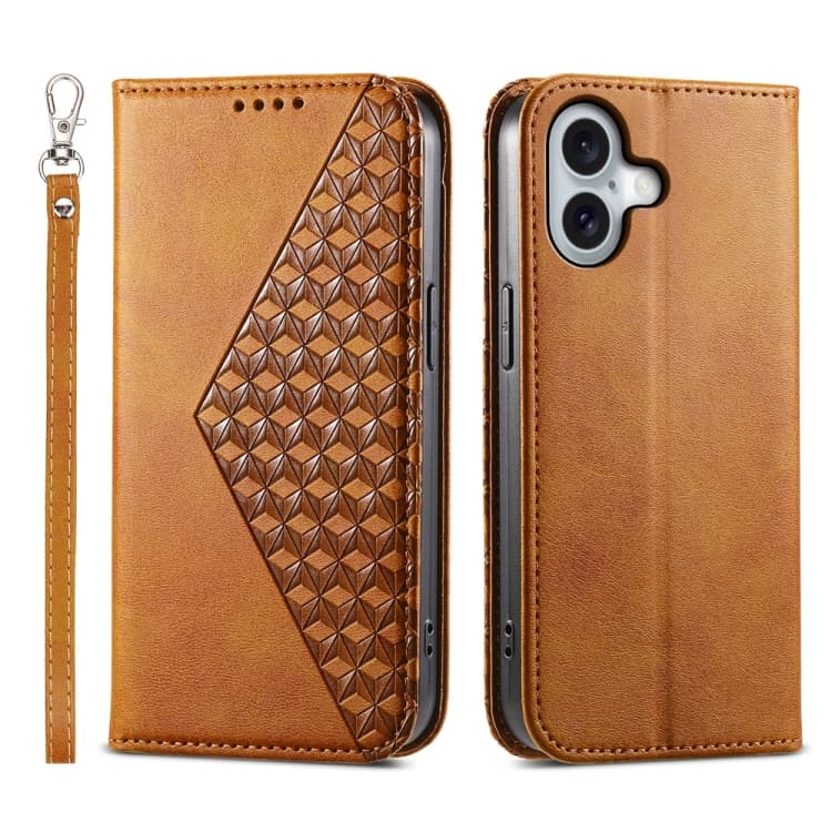 For iPhone 16 Cubic Grid Calf Texture Magnetic Leather Phone Case(Yellow) - Immagine 1