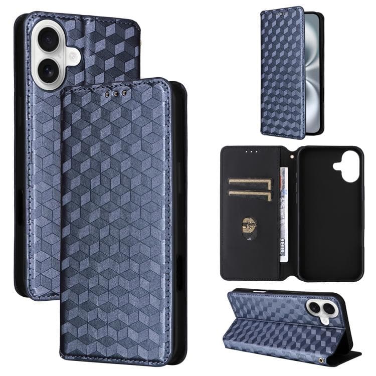 For iPhone 16 Cubic Grid Texture Flip Leather Phone Case(Blue) - Immagine 1