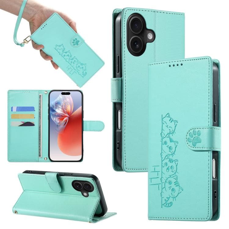For iPhone 16 Cute Cats Magnetic Closure Vegan Leather Phone Case with Strap(Green) - Immagine 1