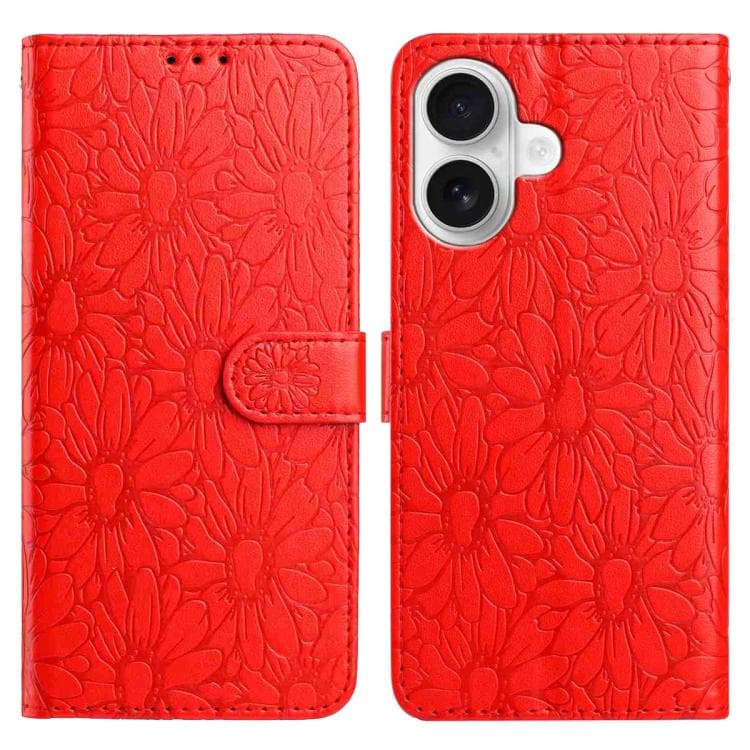 For iPhone 16 Daisy Embossed Leather Phone Case(Red) - Immagine 1
