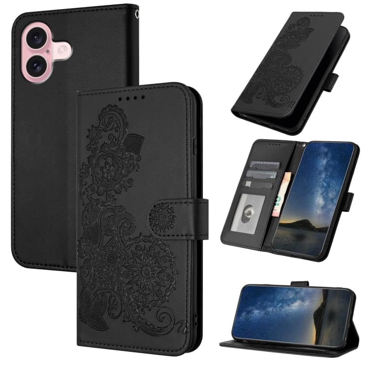 For iPhone 16 Datura Flower Embossed Flip Leather Phone Case(Black) - Immagine 1