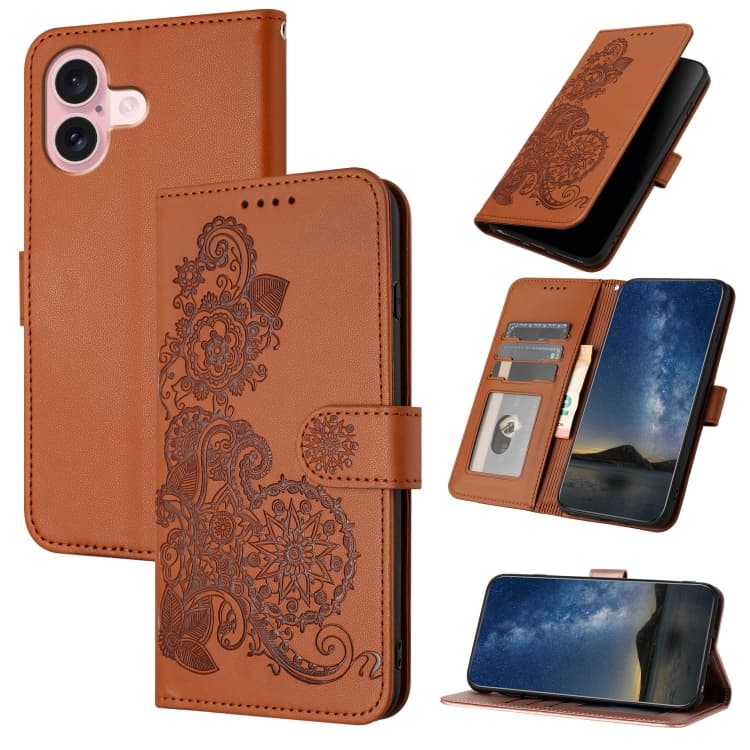For iPhone 16 Datura Flower Embossed Flip Leather Phone Case(Brown) - Immagine 1