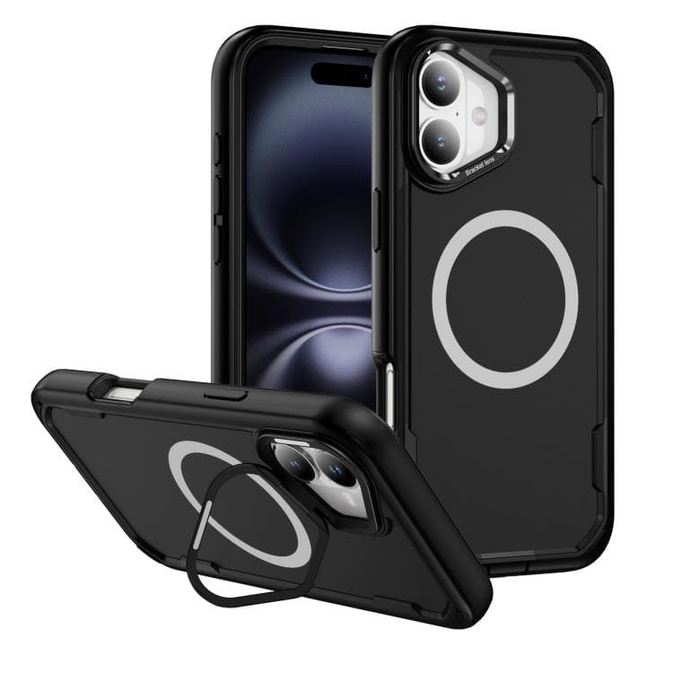 For iPhone 16 Defend 3 in 1 Rugged MagSafe Magnetic Holder Phone Case(Black) - Immagine 1