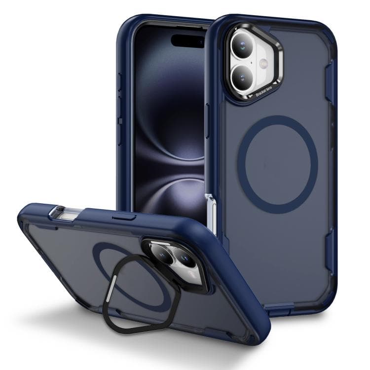 For iPhone 16 Defend 3 in 1 Rugged MagSafe Magnetic Holder Phone Case(Blue + Transparent Blue) - Immagine 1