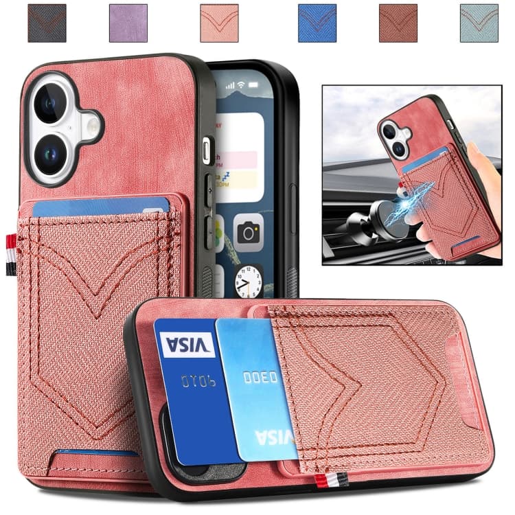 For iPhone 16 Denim Texture Leather Skin Phone Case with Card Slot(Pink) - Immagine 1