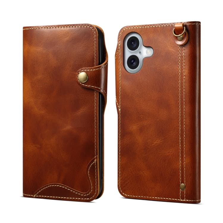 For iPhone 16 Denior B01 Oil Wax Cowhide Magnetic Button Genuine Leather Case(Brown) - Immagine 1