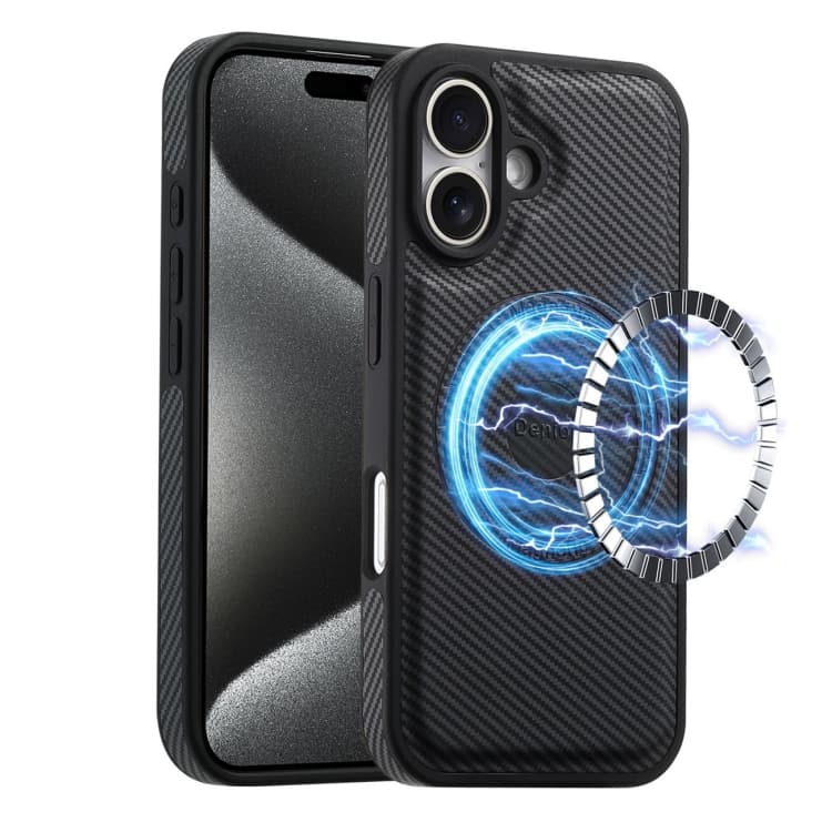 For iPhone 16 Denior Carbon Fiber Texture Leather MagSafe Phone Case(Black) - Immagine 1