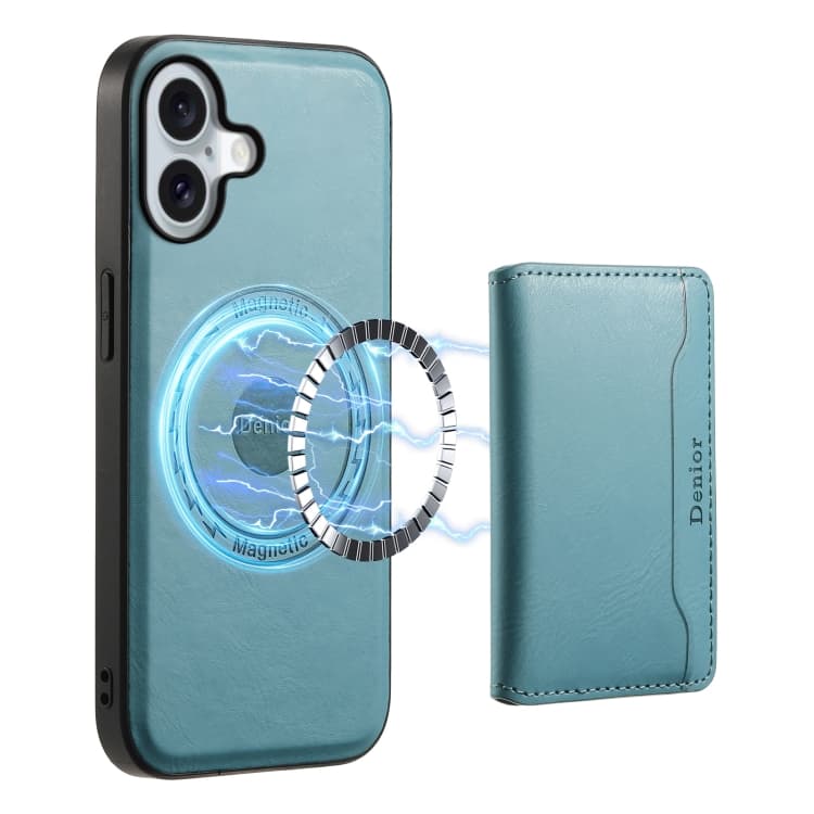 For iPhone 16 Denior Cowhide Texture Leather MagSafe Detachable Wallet Phone Case(Blue) - Immagine 1
