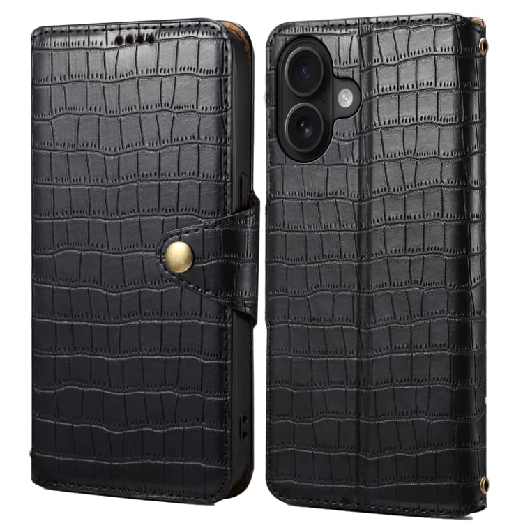 For iPhone 16 Denior Crocodile Texture Oil Edge Leather Phone Case(Black) - Immagine 1