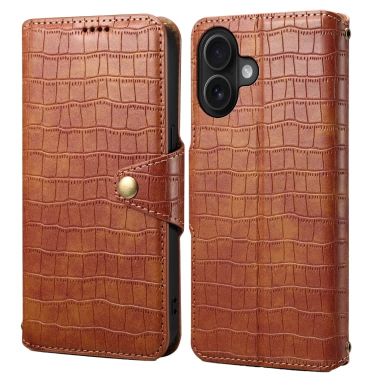 For iPhone 16 Denior Crocodile Texture Oil Edge Leather Phone Case(Brown) - Immagine 1