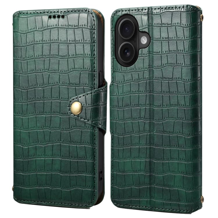For iPhone 16 Denior Crocodile Texture Oil Edge Leather Phone Case(Green) - Immagine 1