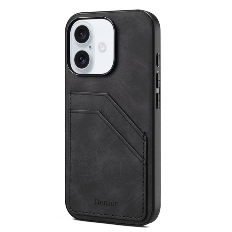 For iPhone 16 Denior D09 PU Dual Card Slot Back Cover Phone Case(Black) - Immagine 1