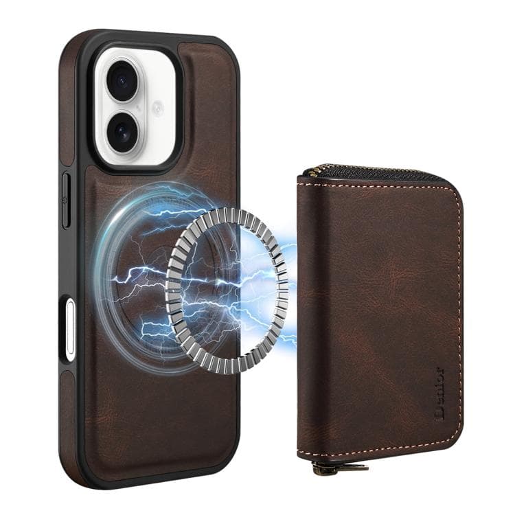 For iPhone 16 Denior D26 Skin Feel MagSafe Zipper Bag Leather Phone Case(Coffee) - Immagine 1
