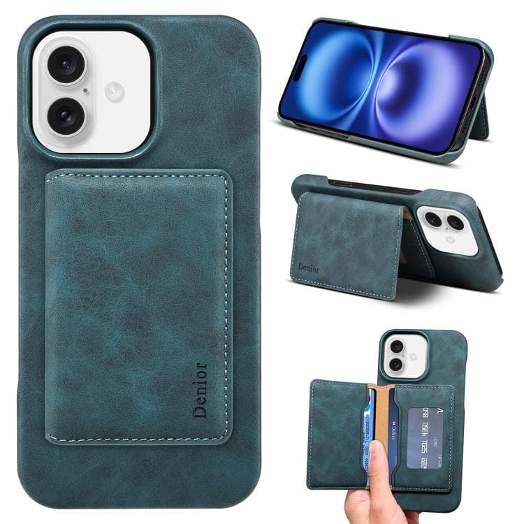 For iPhone 16 Denior D27 Retro Texture RFID MagSafe Photo Frame Card-slot Phone Case(Blue) - Immagine 1