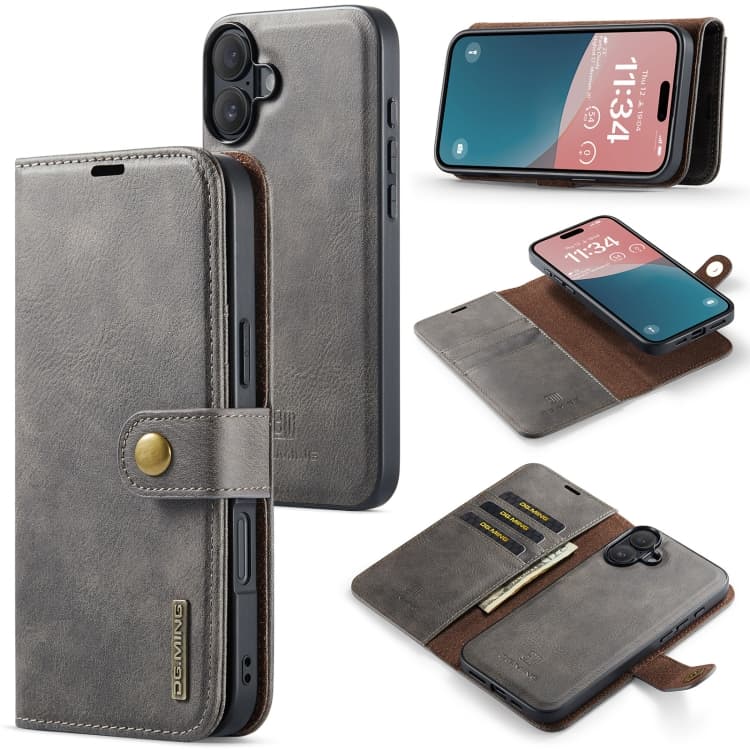 For iPhone 16 DG.MING Crazy Horse Texture Detachable Magnetic Leather Phone Case(Grey) - Immagine 1